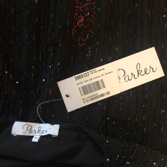 Parker Black Red Beaded Mini Dress Feathers XS - Picture 5 of 7
